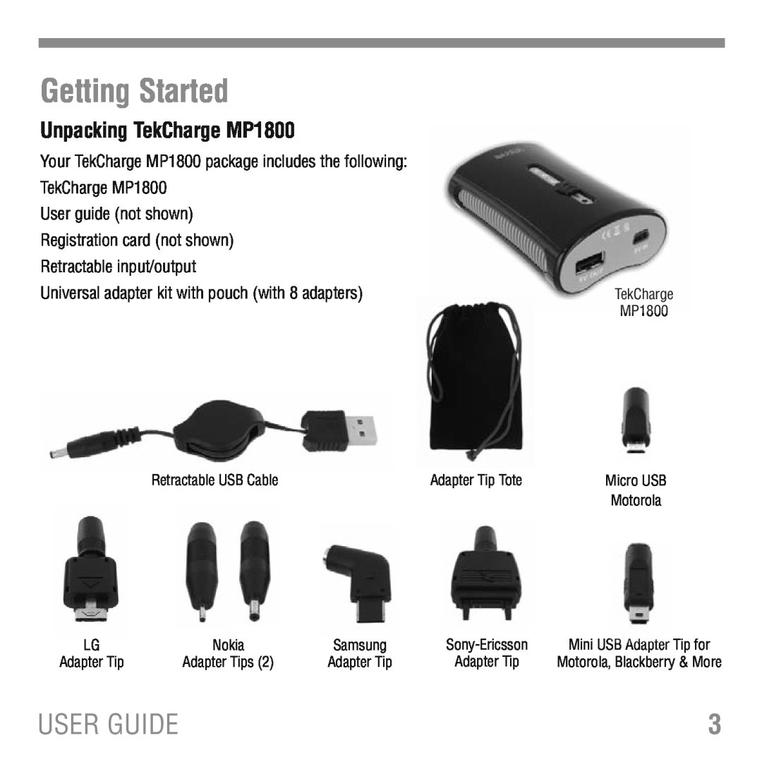 Tekkeon manual Getting Started, User Guide, Unpacking TekCharge MP1800 