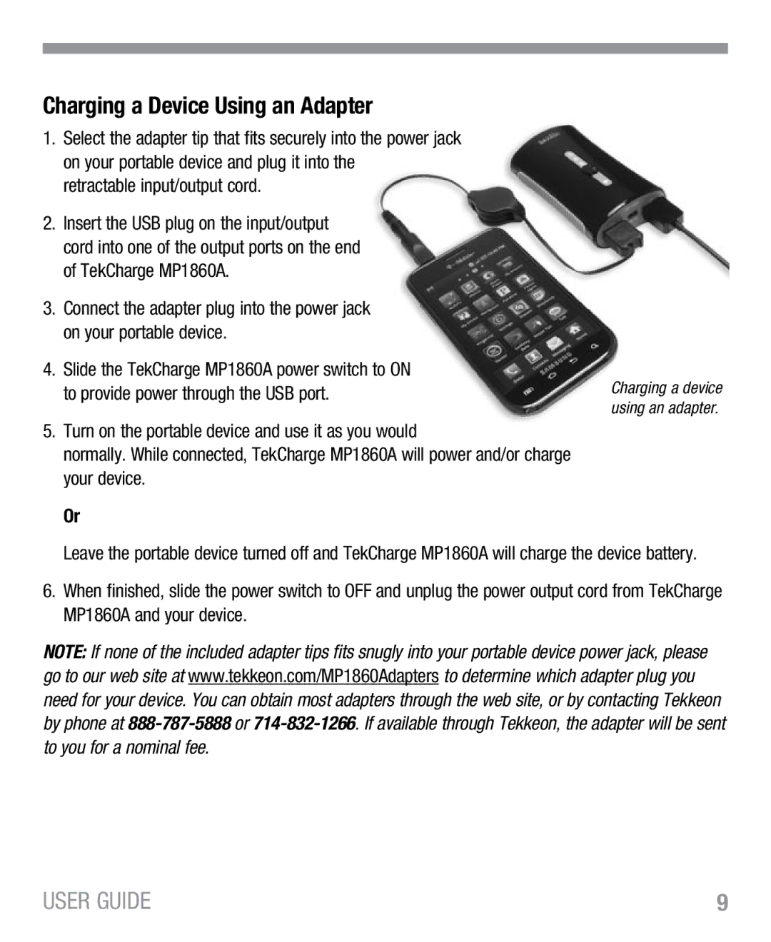 Tekkeon MP1860A manual Charging a Device Using an Adapter, Retractable input/output cord 