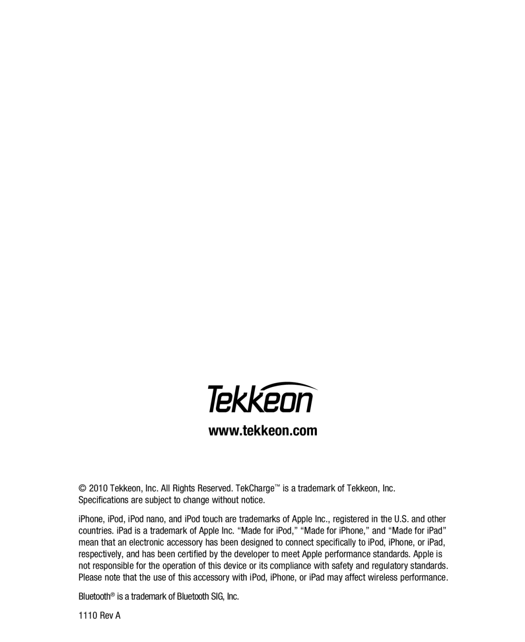 Tekkeon MP1860A manual Bluetooth is a trademark of Bluetooth SIG, Inc Rev a 