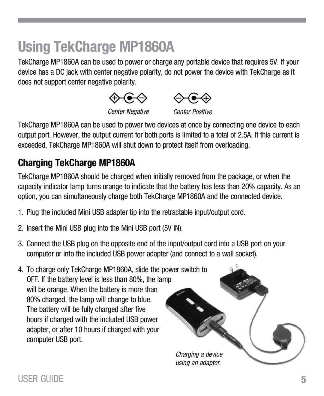 Tekkeon manual Using TekCharge MP1860A, Charging TekCharge MP1860A 