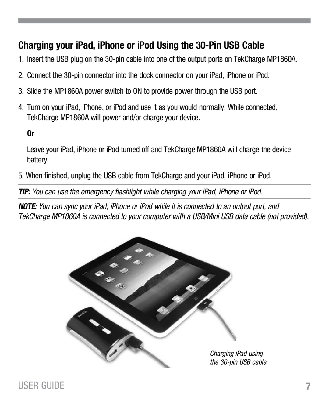 Tekkeon MP1860A manual Charging iPad using the 30-pin USB cable 