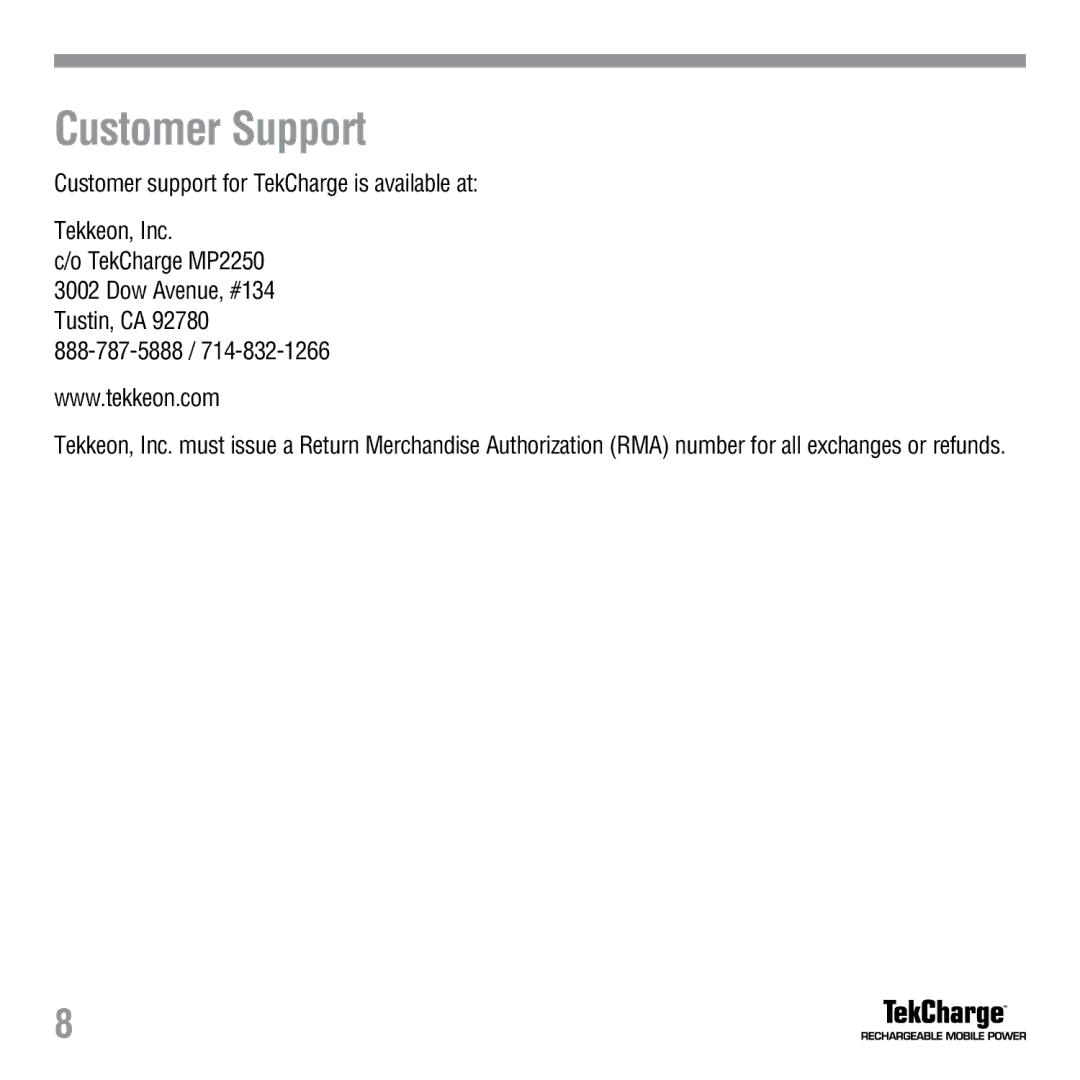 Tekkeon MP2250 manual Customer Support 