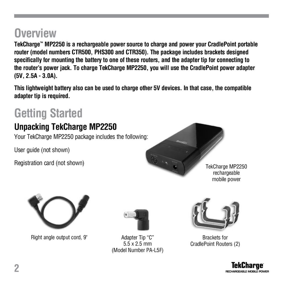 Tekkeon manual Overview, Getting Started, Unpacking TekCharge MP2250 