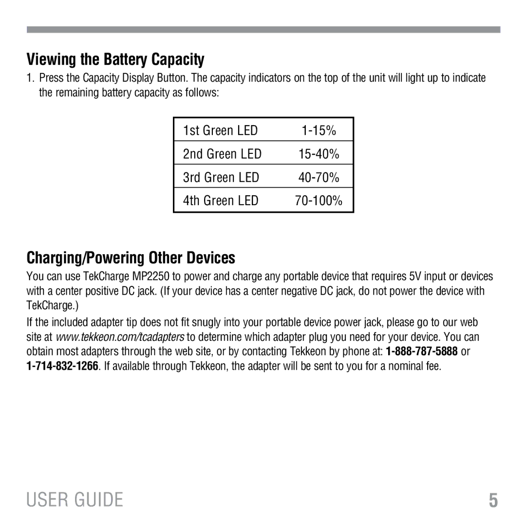 Tekkeon MP2250 manual Viewing the Battery Capacity, Charging/Powering Other Devices 