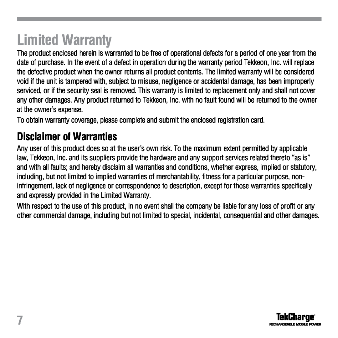 Tekkeon MP2250 manual Limited Warranty, Disclaimer of Warranties 