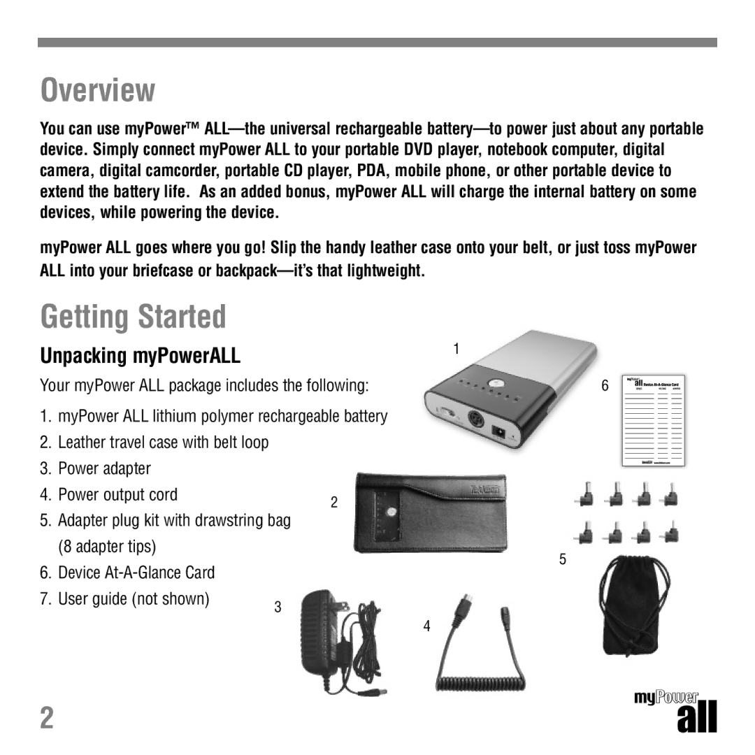 Tekkeon MP3300 manual Overview, Getting Started, Unpacking myPowerALL 