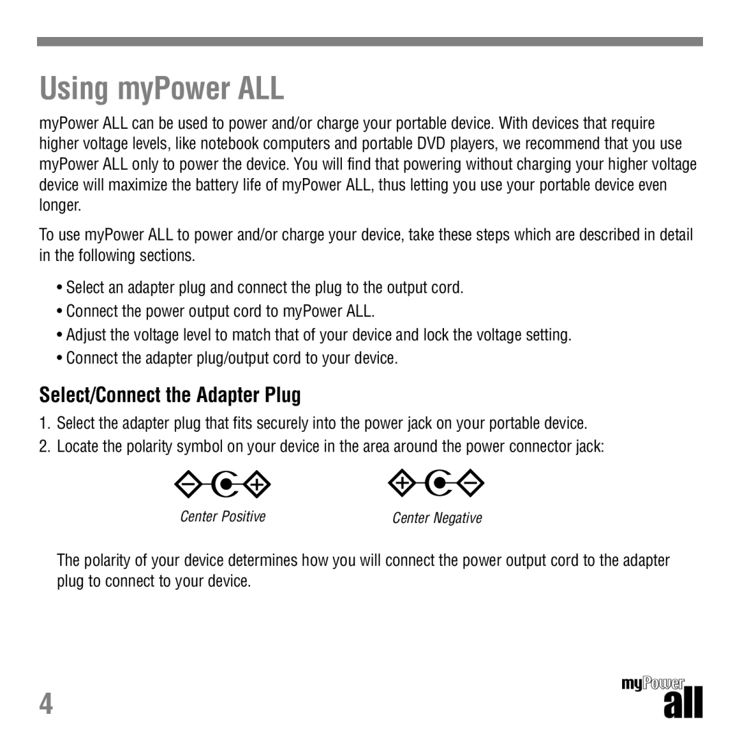 Tekkeon MP3300 manual Using myPower ALL, Select/Connect the Adapter Plug 