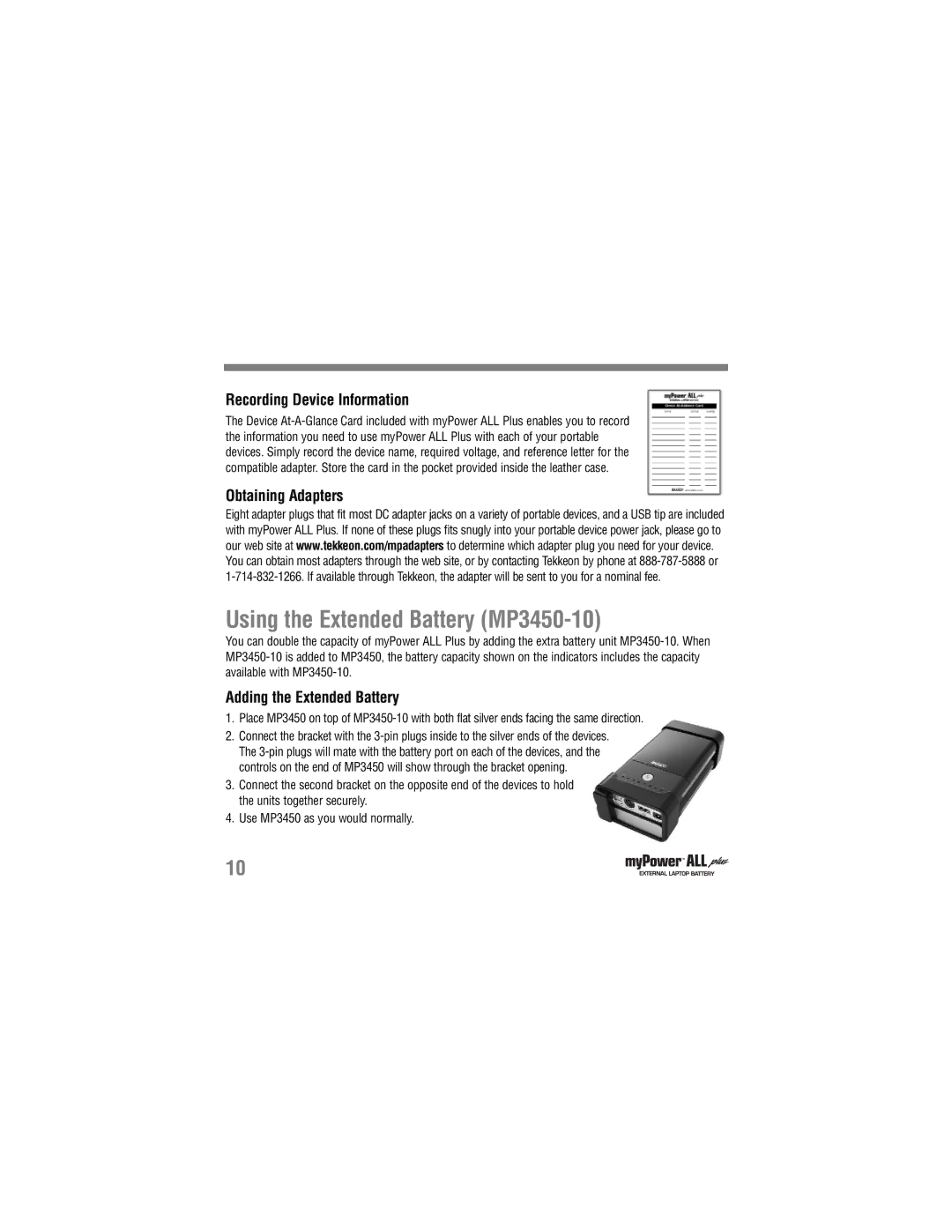 Tekkeon manual Using the Extended Battery MP3450-10, Recording Device Information, Obtaining Adapters 