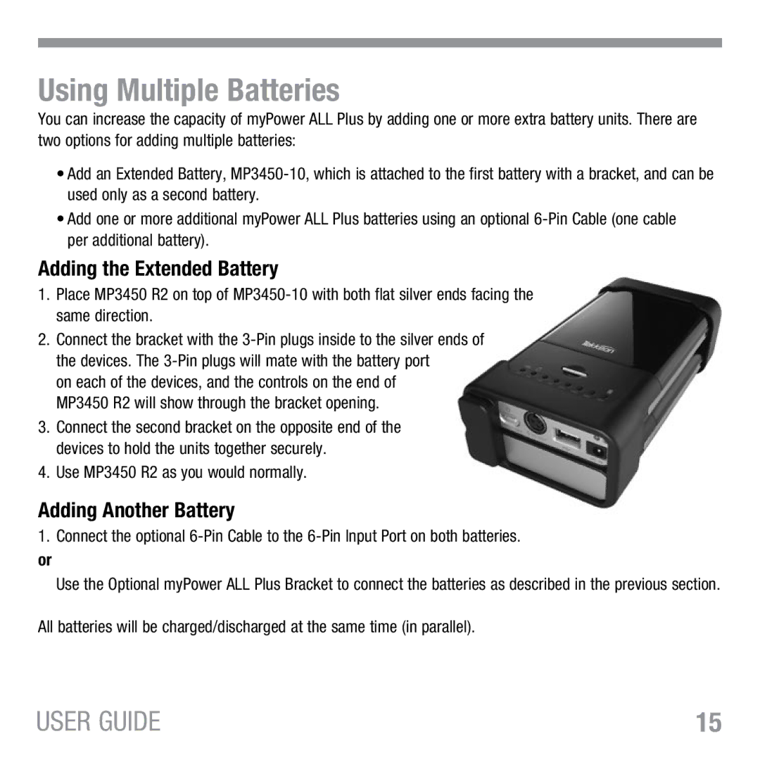 Tekkeon MP3450 R2 manual Using Multiple Batteries, Adding the Extended Battery, Adding Another Battery 