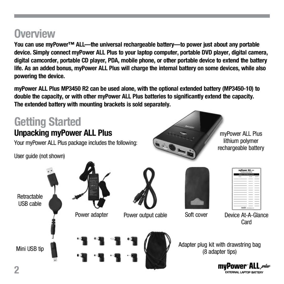 Tekkeon MP3450 R2 manual Overview, Getting Started 