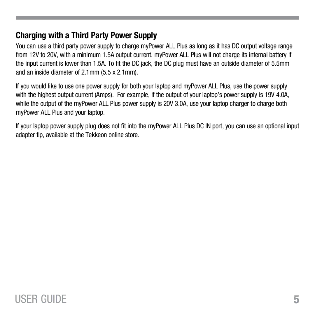 Tekkeon MP3450 R2 manual Charging with a Third Party Power Supply 