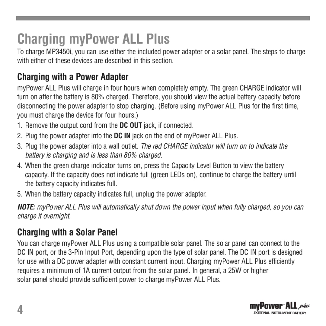 Tekkeon MP3450i, MP3450-10 manual Charging myPower ALL Plus, Charging with a Power Adapter, Charging with a Solar Panel 