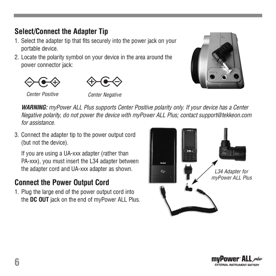 Tekkeon MP3450i, MP3450-10 manual Select/Connect the Adapter Tip, Connect the Power Output Cord 