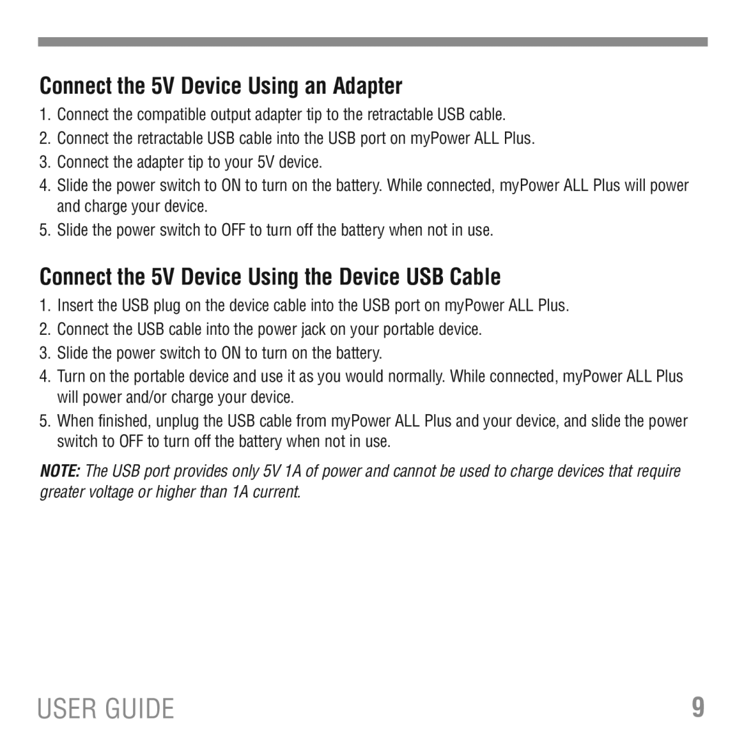 Tekkeon MP3700 manual Connect the 5V Device Using an Adapter, Connect the 5V Device Using the Device USB Cable 