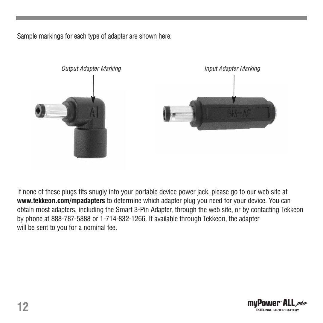 Tekkeon MP3700 manual Sample markings for each type of adapter are shown here 