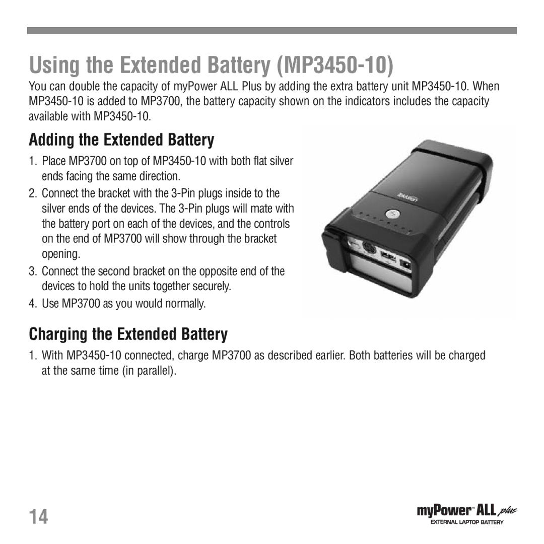 Tekkeon MP3700 manual Using the Extended Battery MP3450-10, Adding the Extended Battery, Charging the Extended Battery 