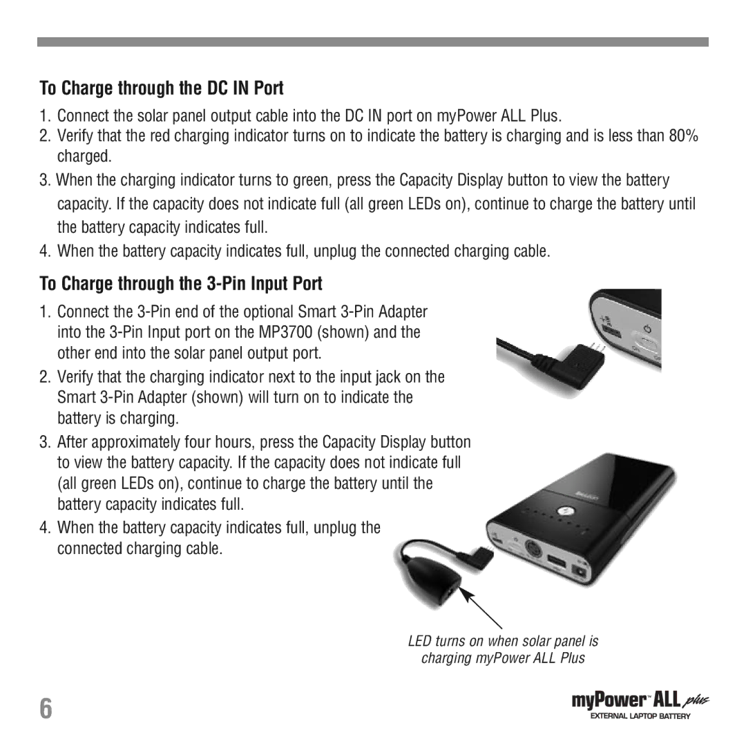 Tekkeon MP3700 manual To Charge through the DC in Port 