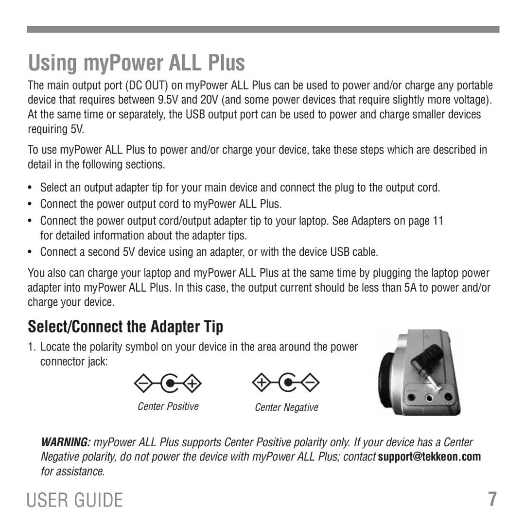 Tekkeon MP3700 manual Using myPower ALL Plus, Select/Connect the Adapter Tip 