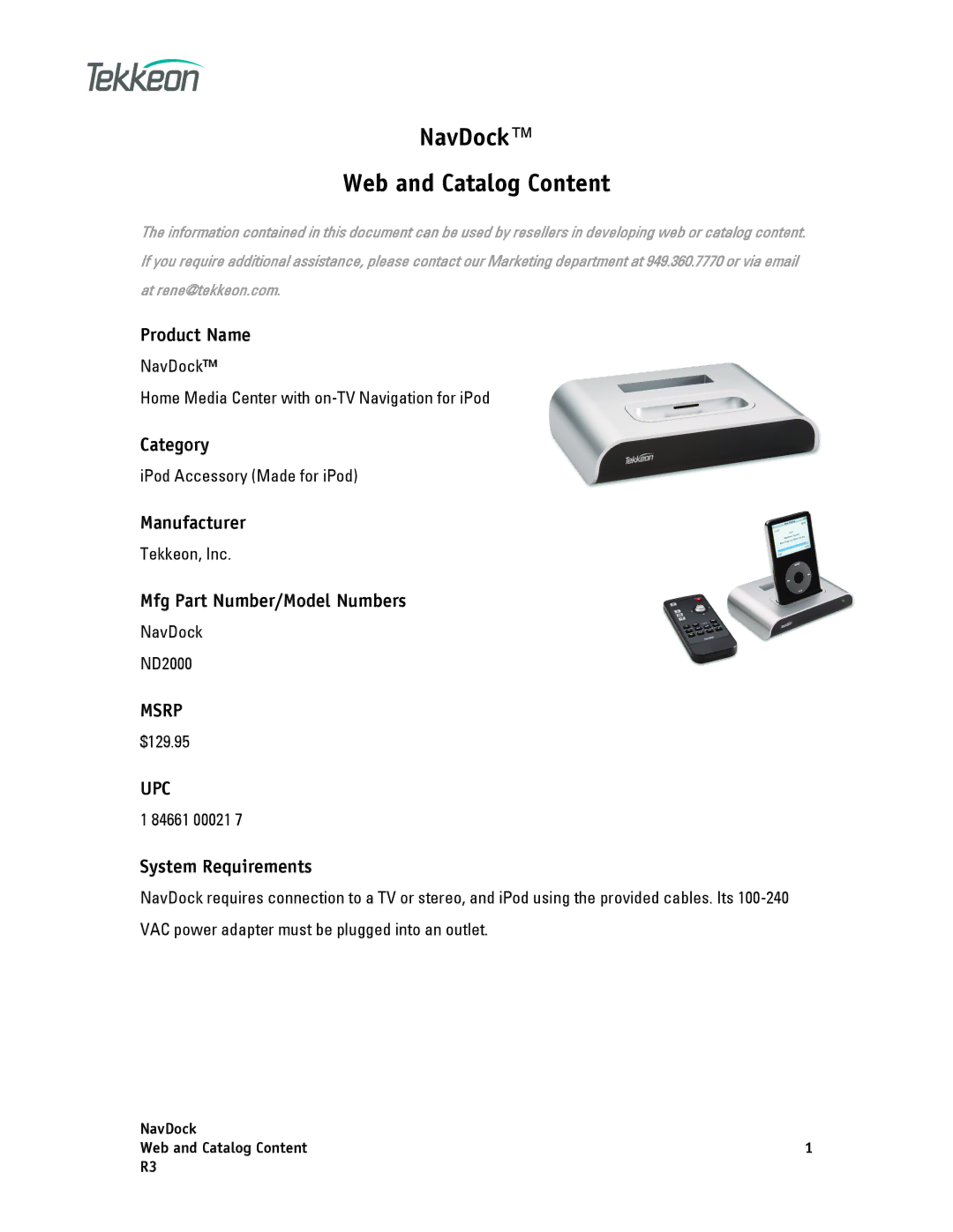 Tekkeon ND2000 manual Product Name, Category, Manufacturer, Mfg Part Number/Model Numbers, System Requirements 