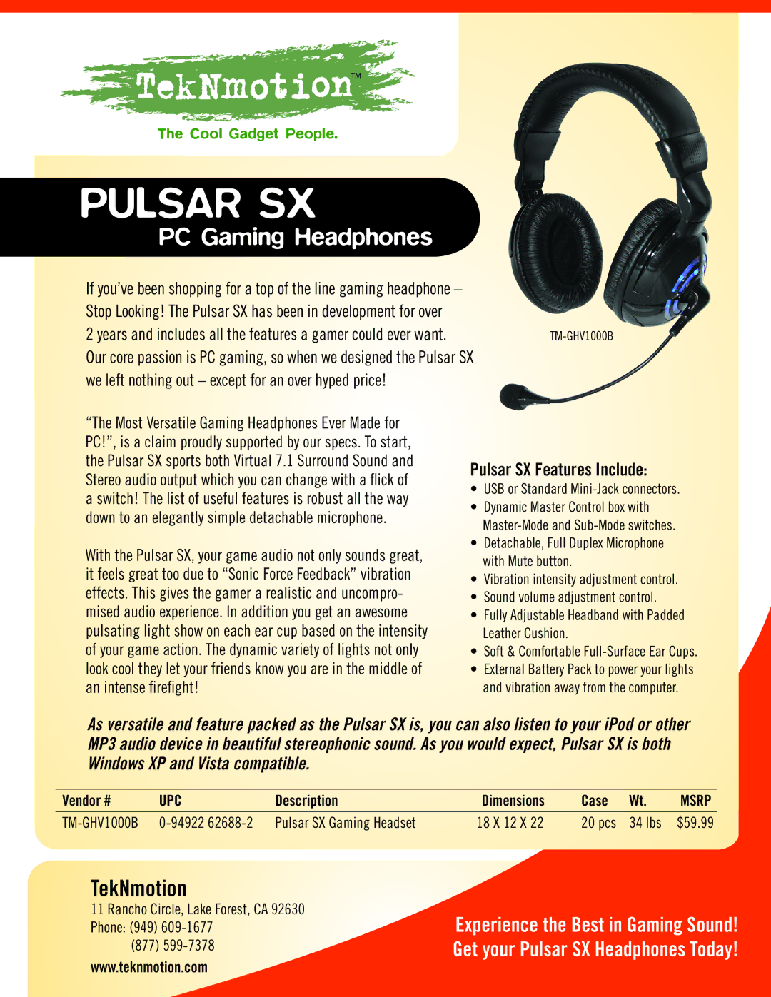 TekNmotion dimensions PC Gaming Headphones, TekNmotion, Pulsar SX Features Include, Upc 