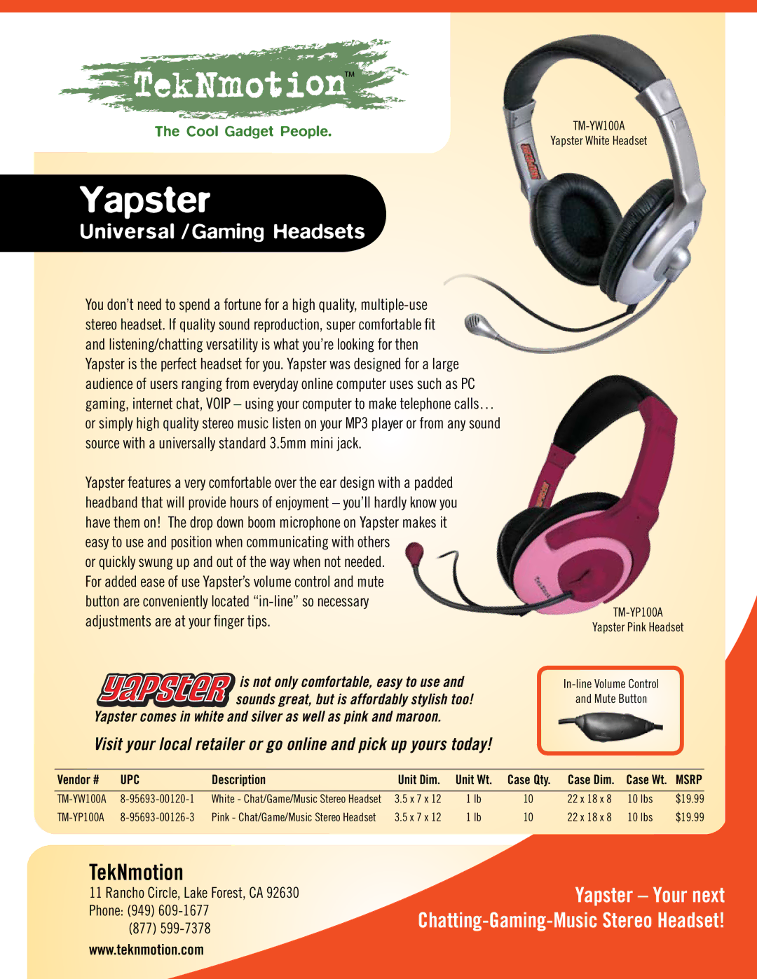 TekNmotion TM-YW100A manual Yapster, TekNmotion, Universal /Gaming Headsets, Upc, Description 