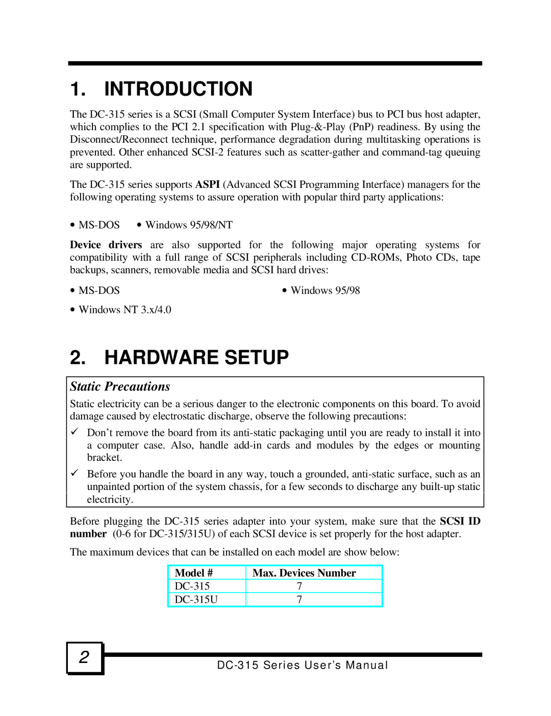 Tekram Technology DC-315 Series manual Introduction, Hardware Setup 