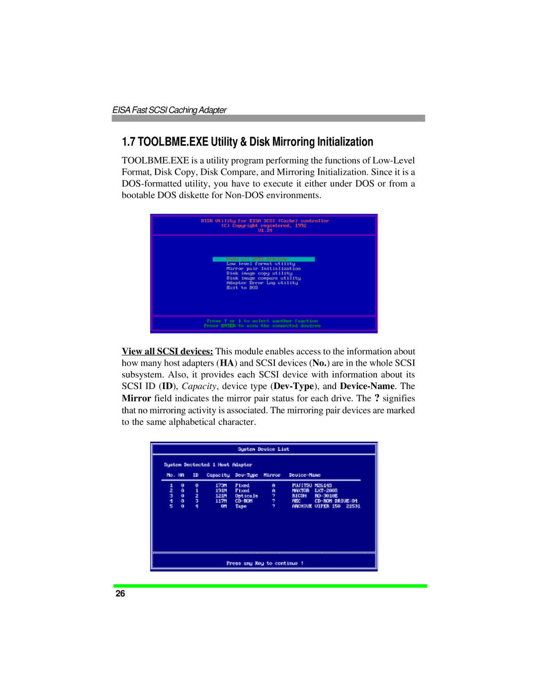 Tekram Technology DC-820B manual TOOLBME.EXE Utility & Disk Mirroring Initialization 