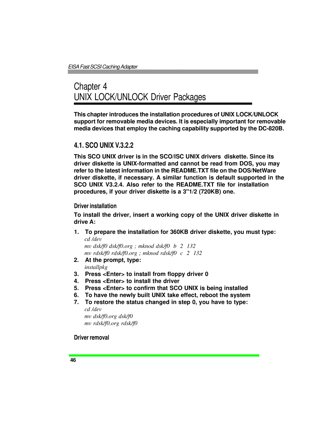 Tekram Technology DC-820B manual SCO Unix, Driver installation, Driver removal 