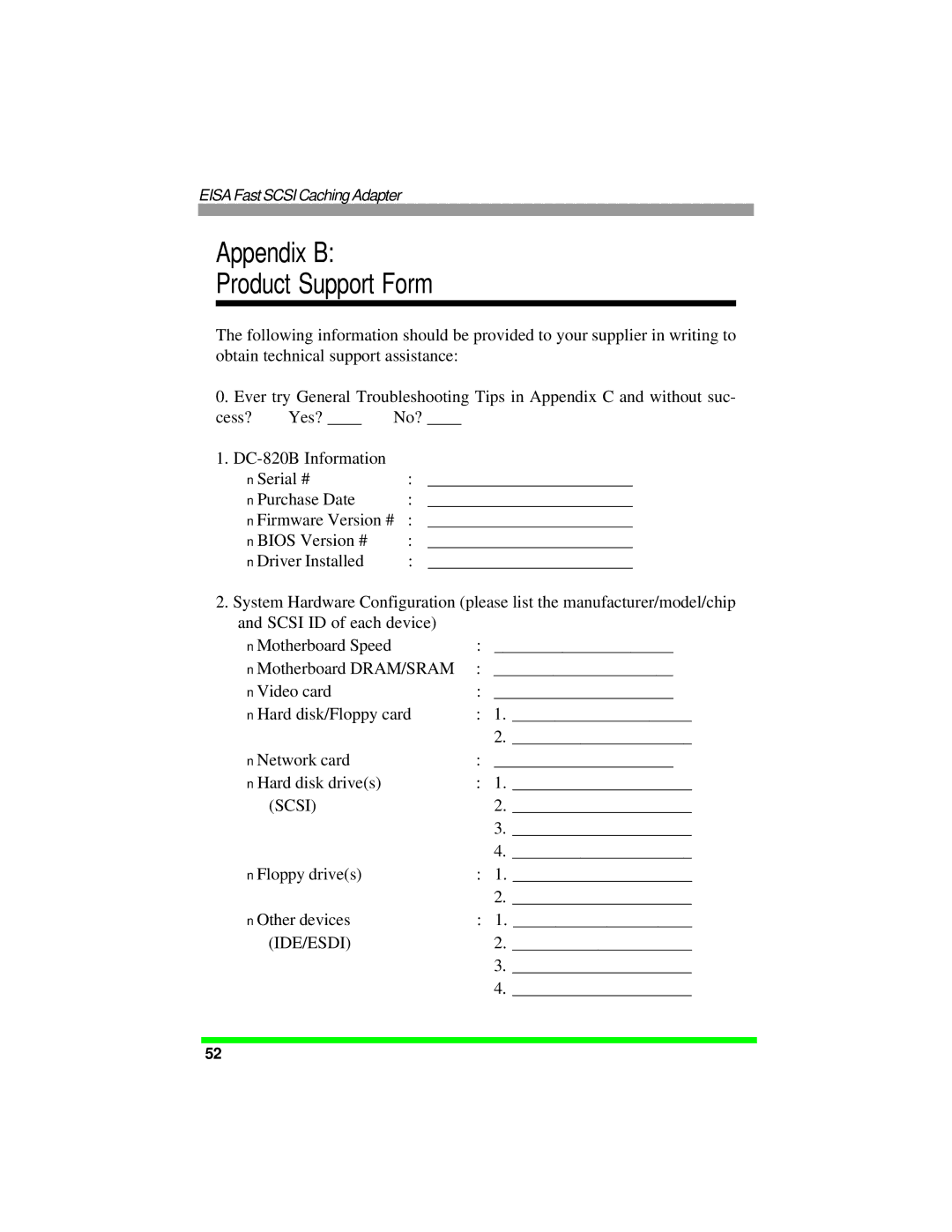 Tekram Technology DC-820B manual Appendix B Product Support Form 