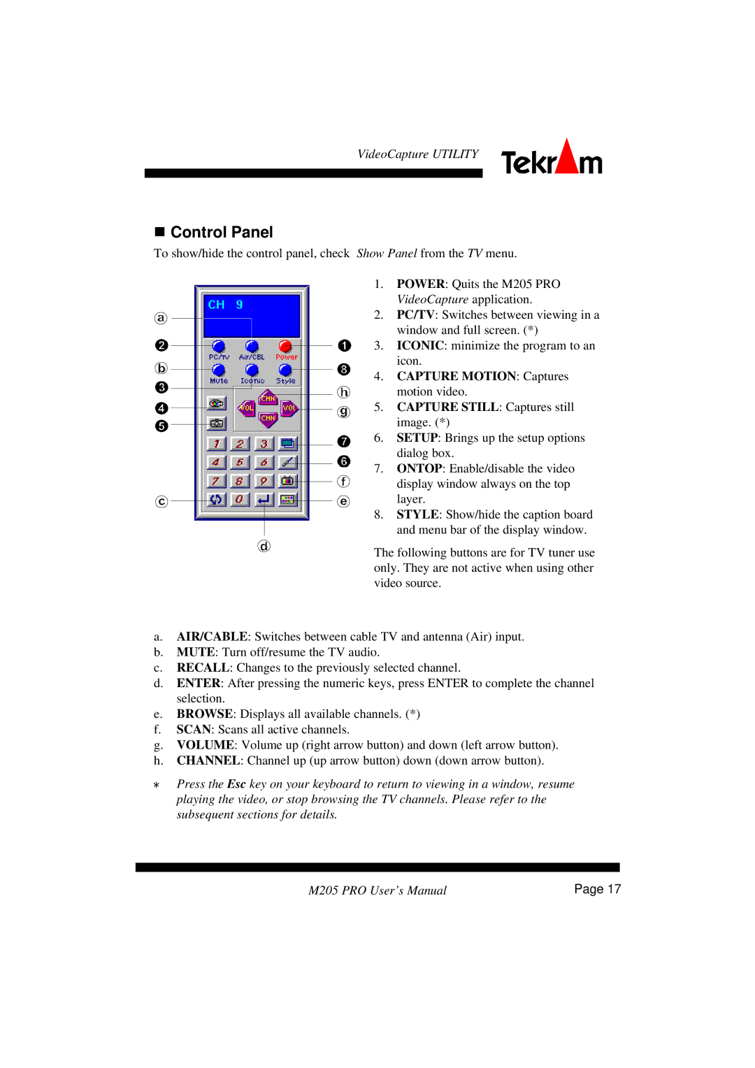 Tekram Technology M205 manual Control Panel, Capture Motion Captures 