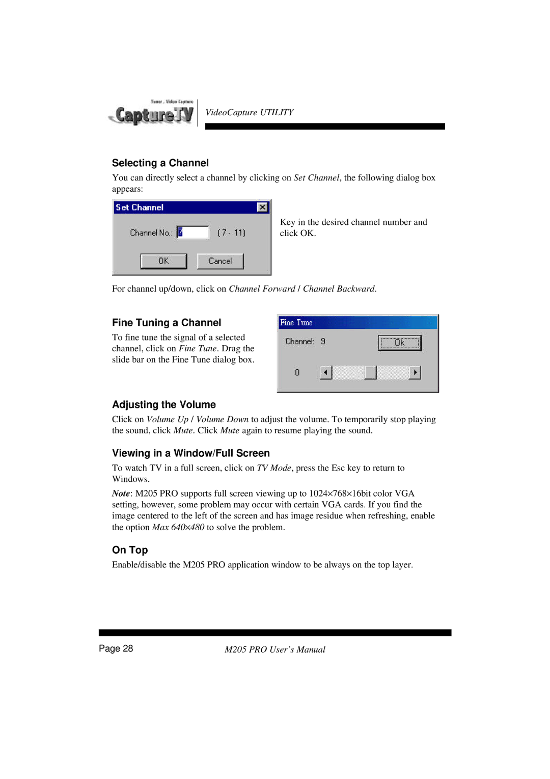 Tekram Technology M205 Selecting a Channel, Fine Tuning a Channel, Adjusting the Volume, Viewing in a Window/Full Screen 