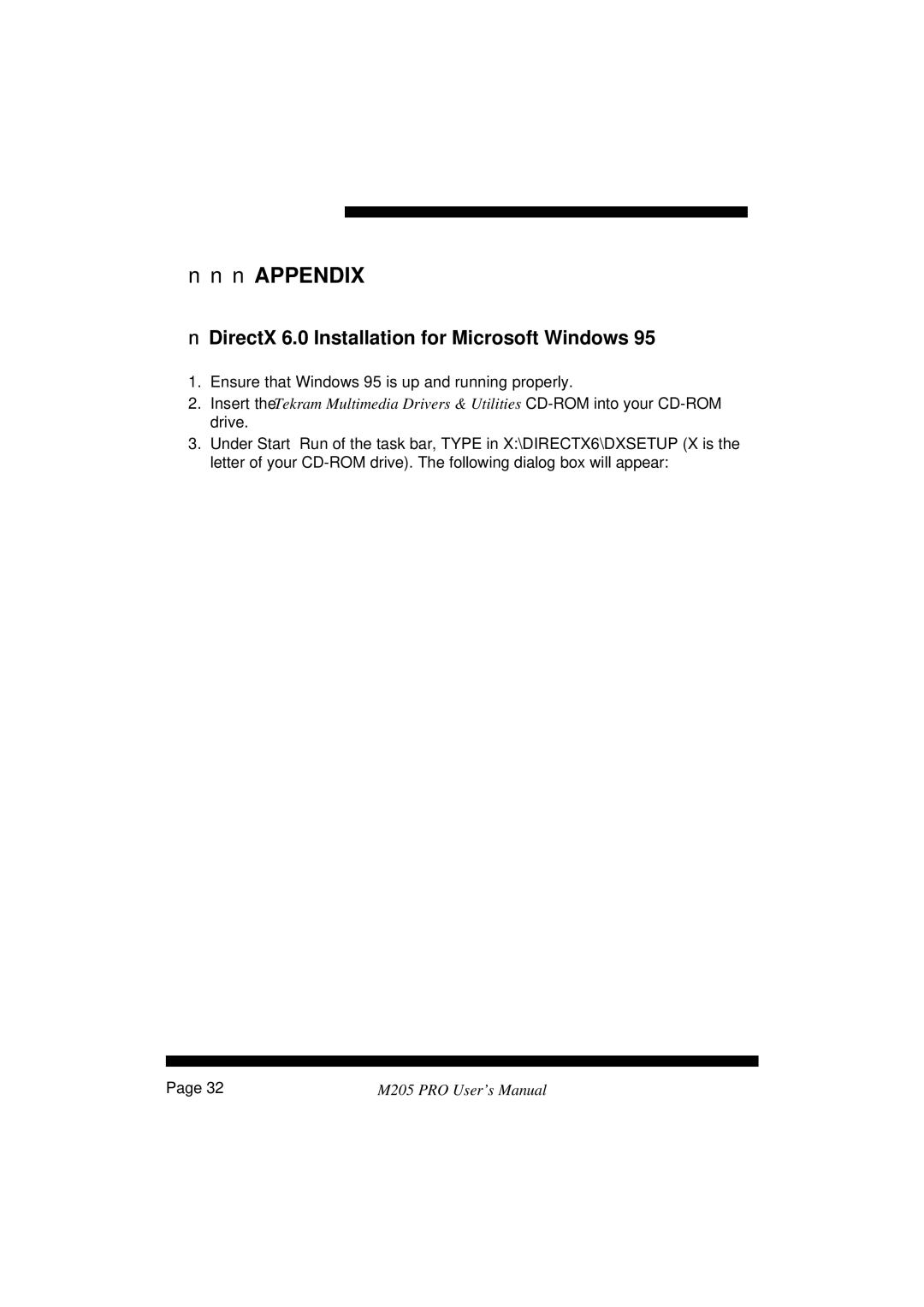 Tekram Technology M205 manual N Appendix, DirectX 6.0 Installation for Microsoft Windows 