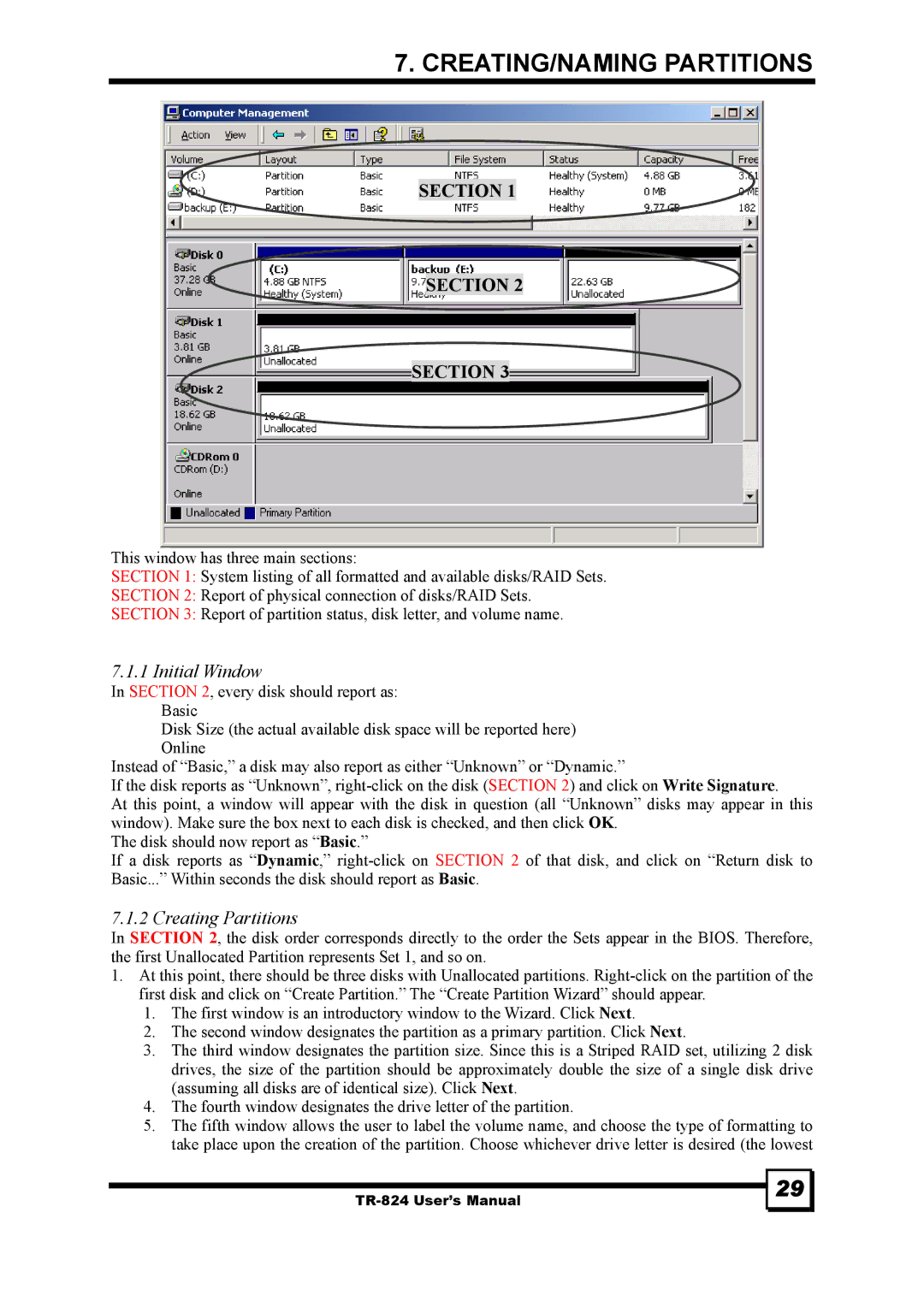 Tekram Technology TR-824 manual Initial Window, Creating Partitions 