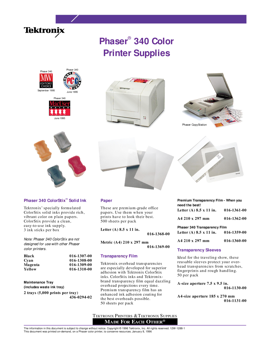 Tektronix 016-1307-00, 016-1310-00 manual Phaser 340 ColorStix Solid Ink, Paper, Transparency Film, Transparency Sleeves 