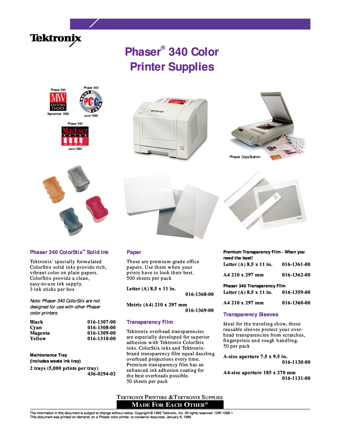 Tektronix 016-1307-00, 016-1310-00 manual Phaser 340 ColorStix Solid Ink, Paper, Transparency Film, Transparency Sleeves 