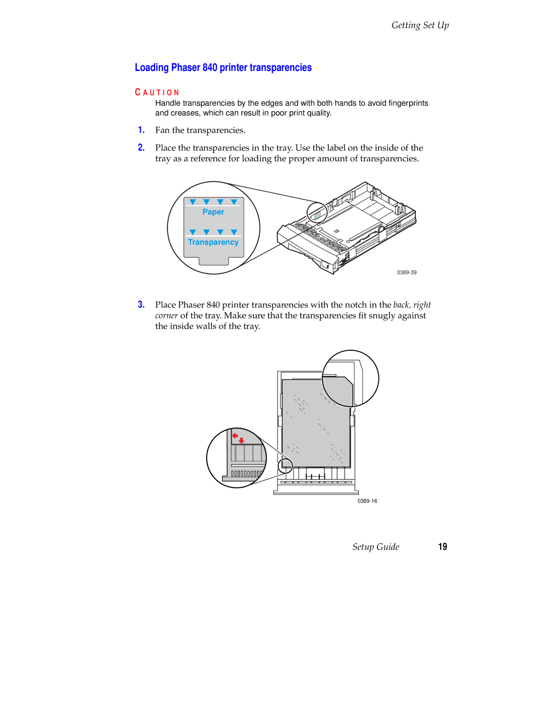 Tektronix 071-0389-00 setup guide Loading Phaser 840 printer transparencies 