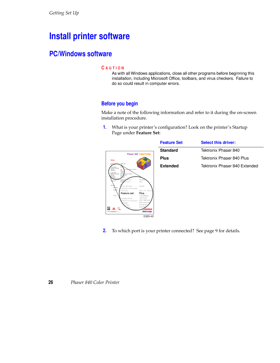 Tektronix 071-0389-00 setup guide Install printer software, PC/Windows software, Before you begin 