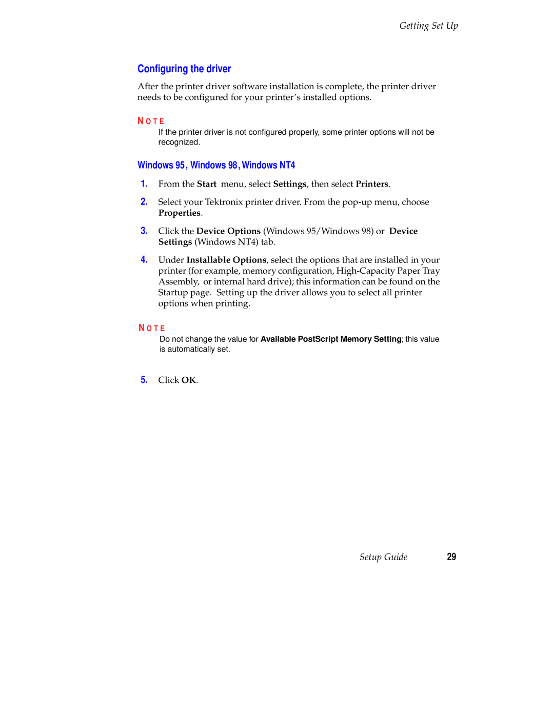 Tektronix 071-0389-00 setup guide Conﬁguring the driver, Windows 95, Windows 98, Windows NT4 