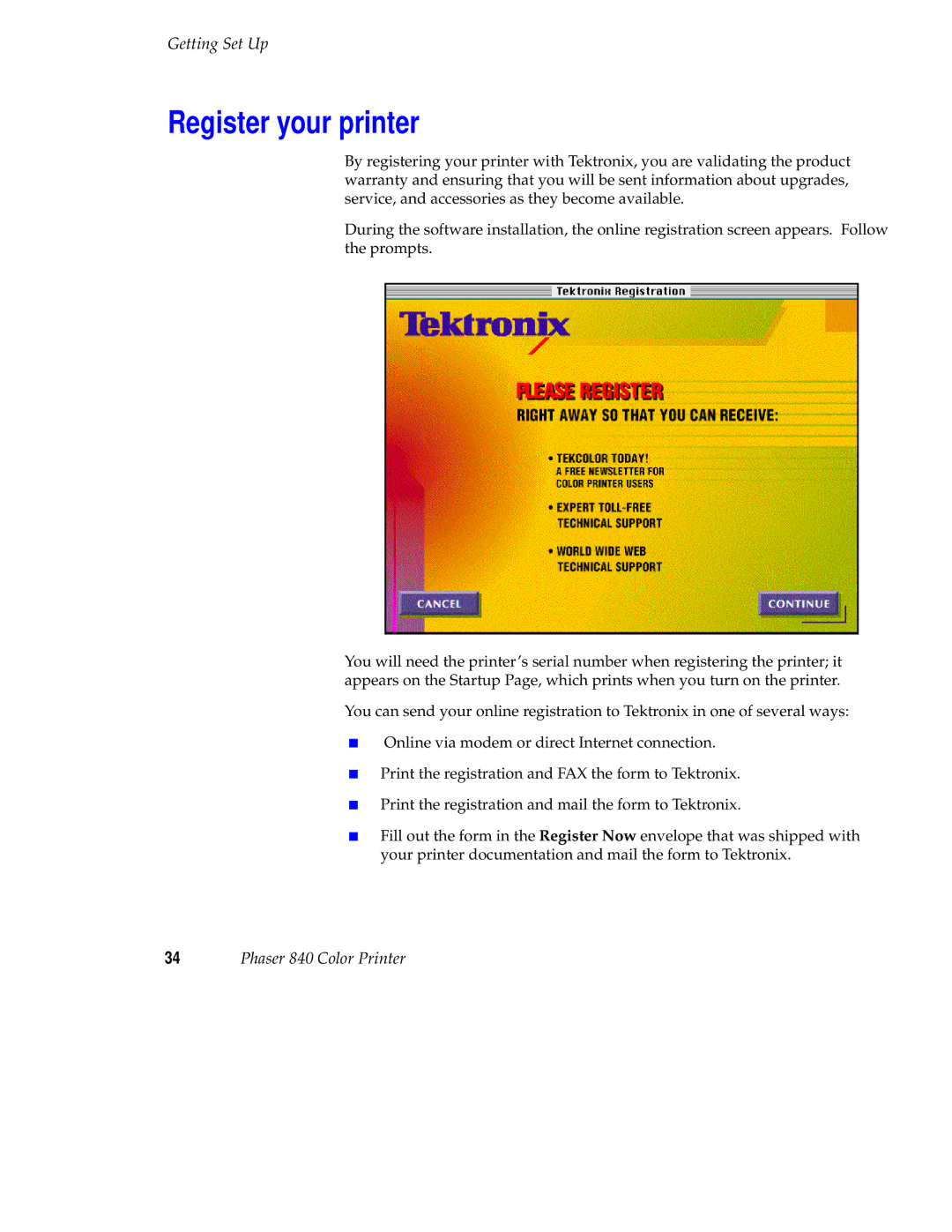 Tektronix 071-0389-00 setup guide Register your printer 