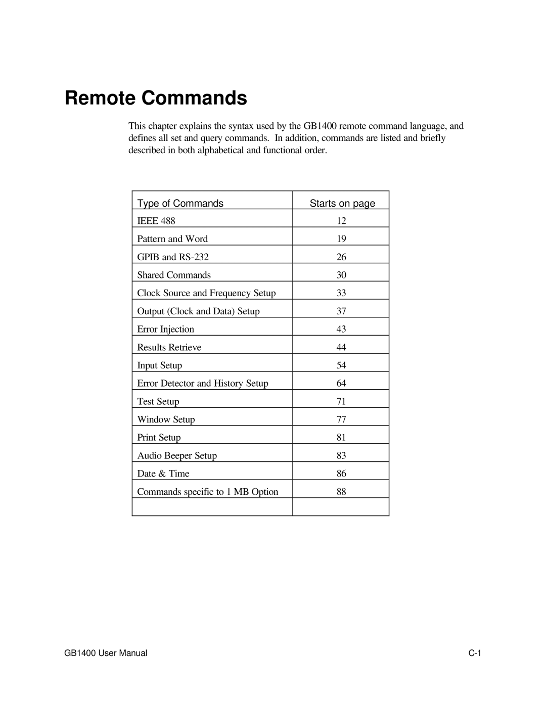 Tektronix 071-0590-00 user manual Remote Commands, Type of Commands Starts on 