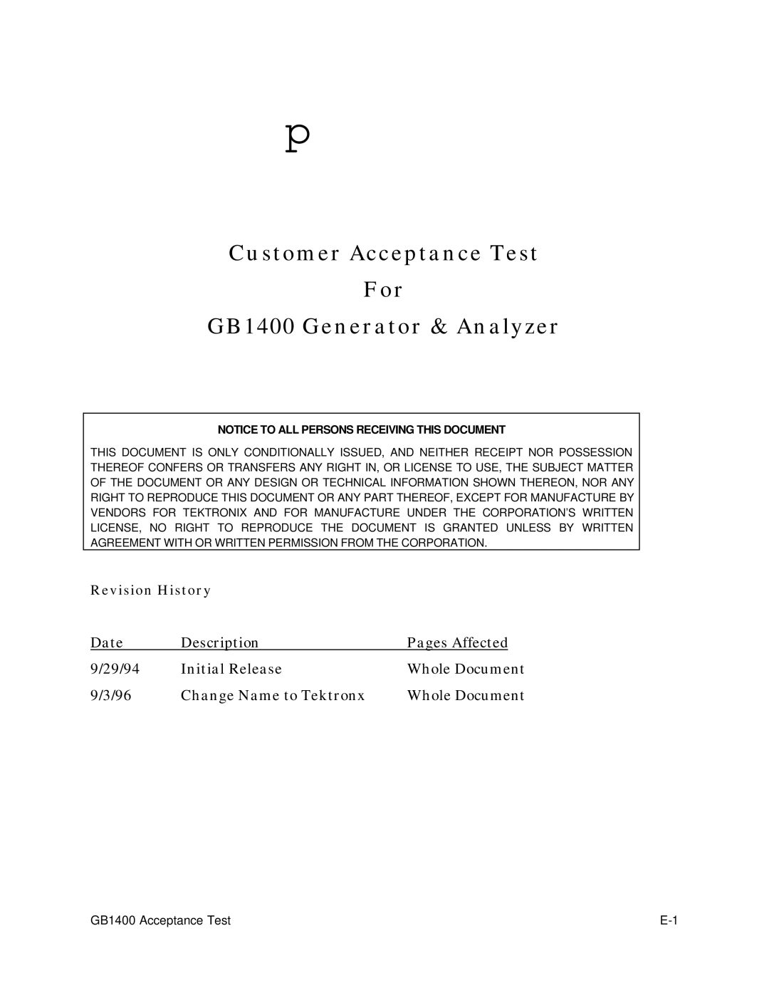 Tektronix 071-0590-00 user manual Customer Acceptance Test For GB1400 Generator & Analyzer 