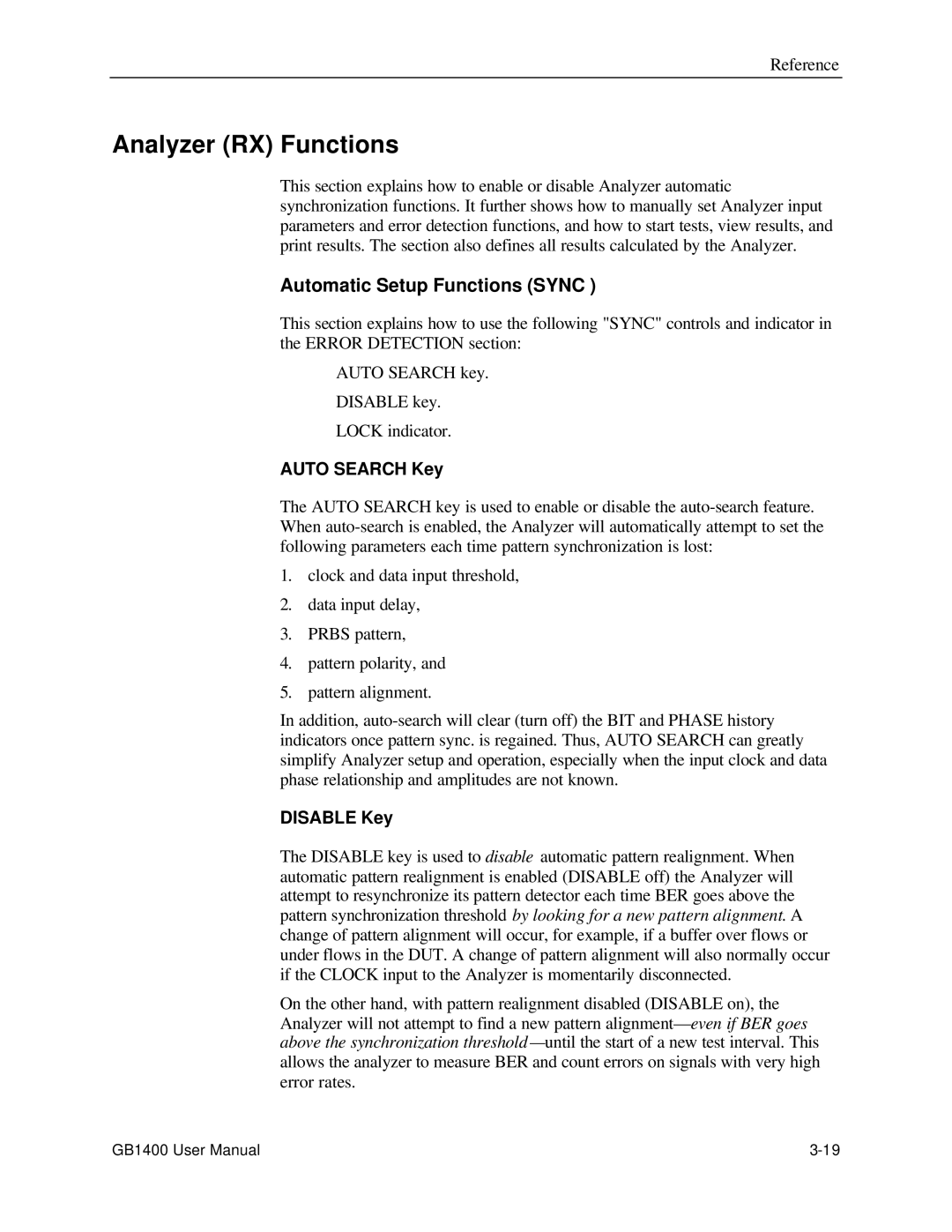 Tektronix 071-0590-00 user manual Analyzer RX Functions, Automatic Setup Functions Sync, Auto Search Key, Disable Key 