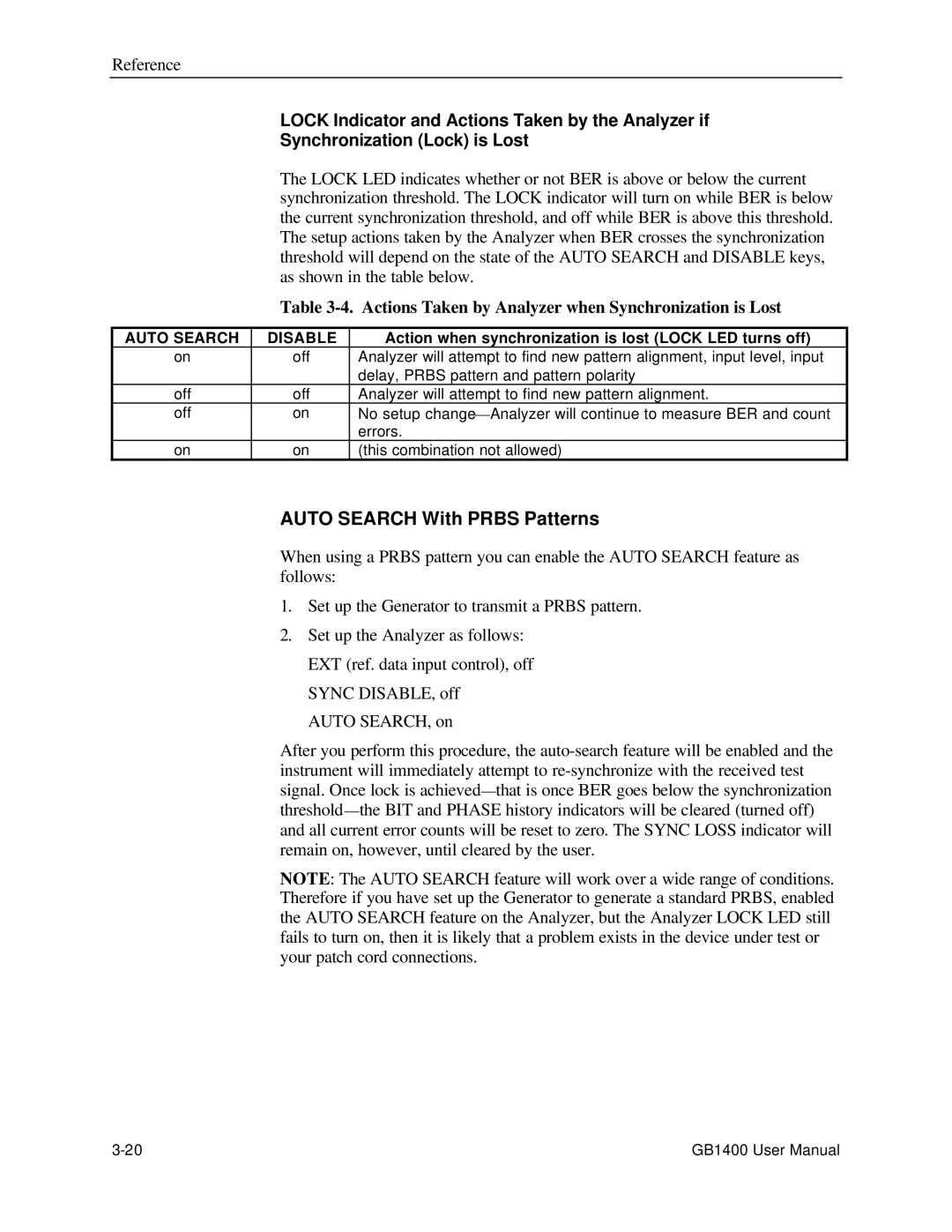 Tektronix 071-0590-00 user manual Auto Search With Prbs Patterns, Actions Taken by Analyzer when Synchronization is Lost 