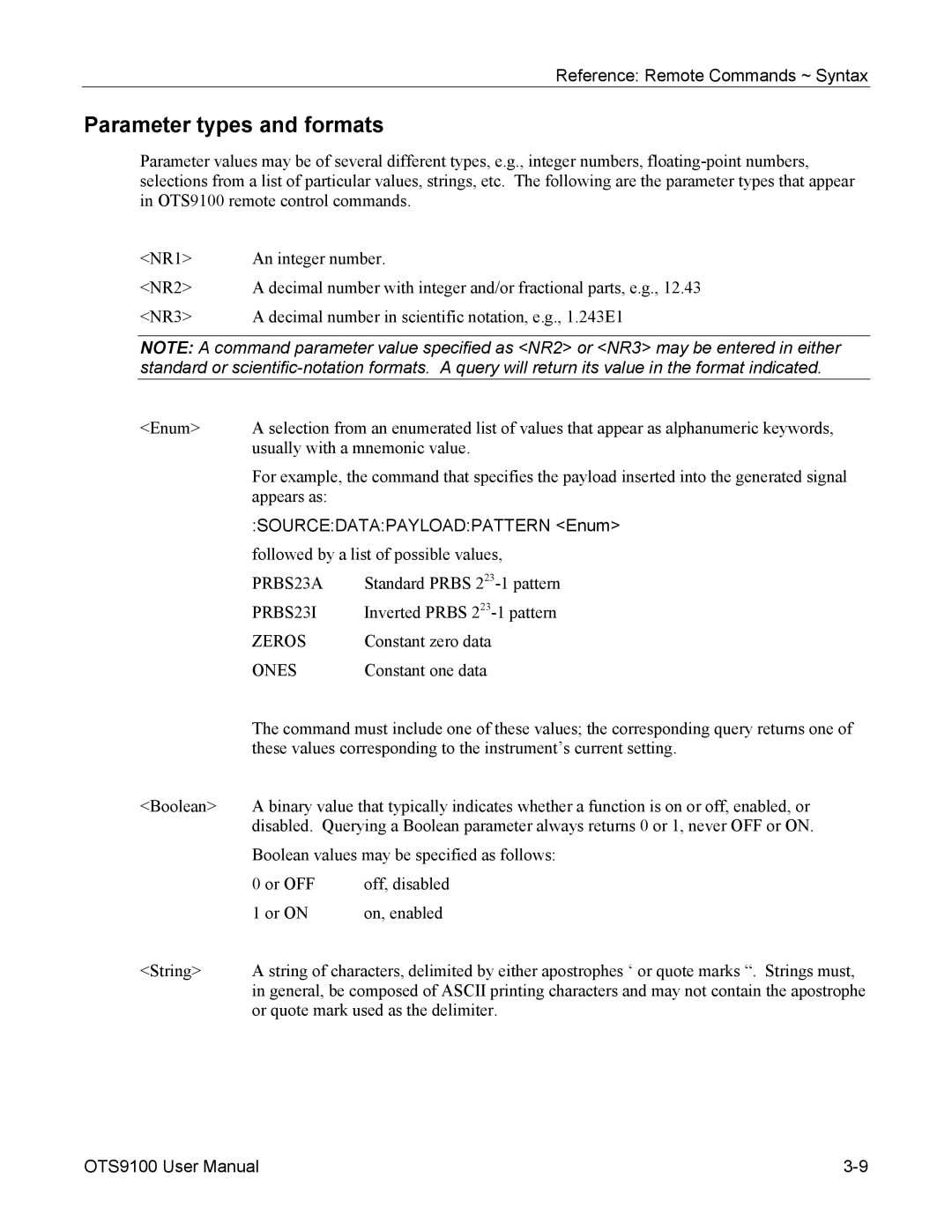 Tektronix 071-0855-05 user manual Parameter types and formats, Sourcedatapayloadpattern Enum 