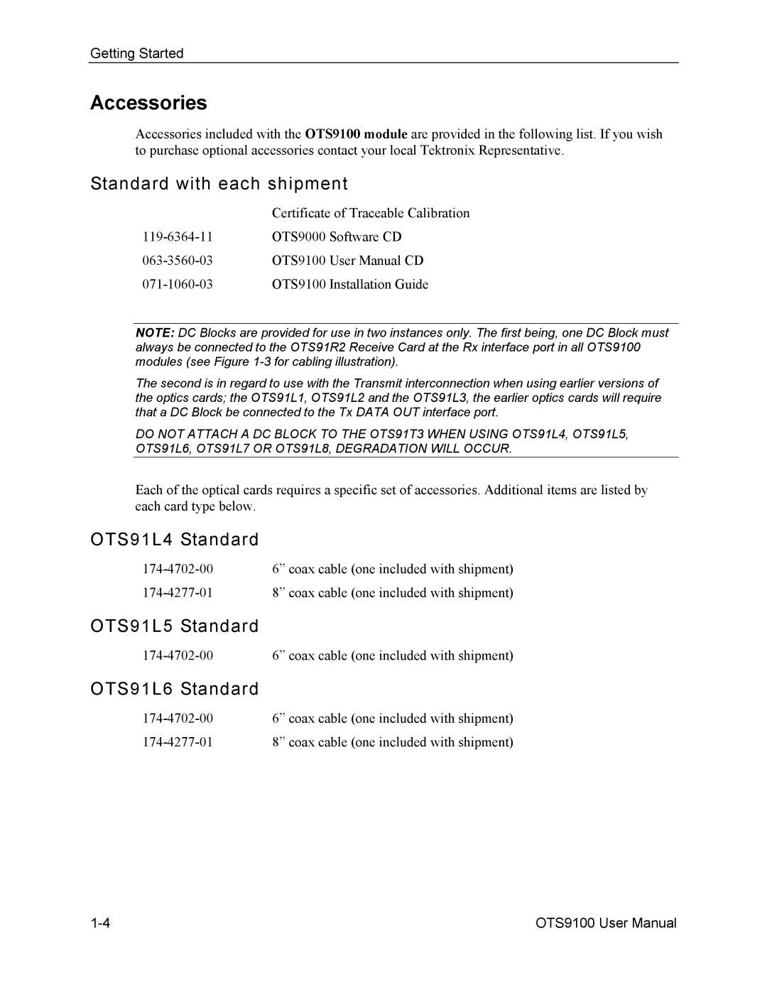 Tektronix 071-0855-05 Accessories, Standard with each shipment, OTS91L4 Standard, OTS91L5 Standard, OTS91L6 Standard 