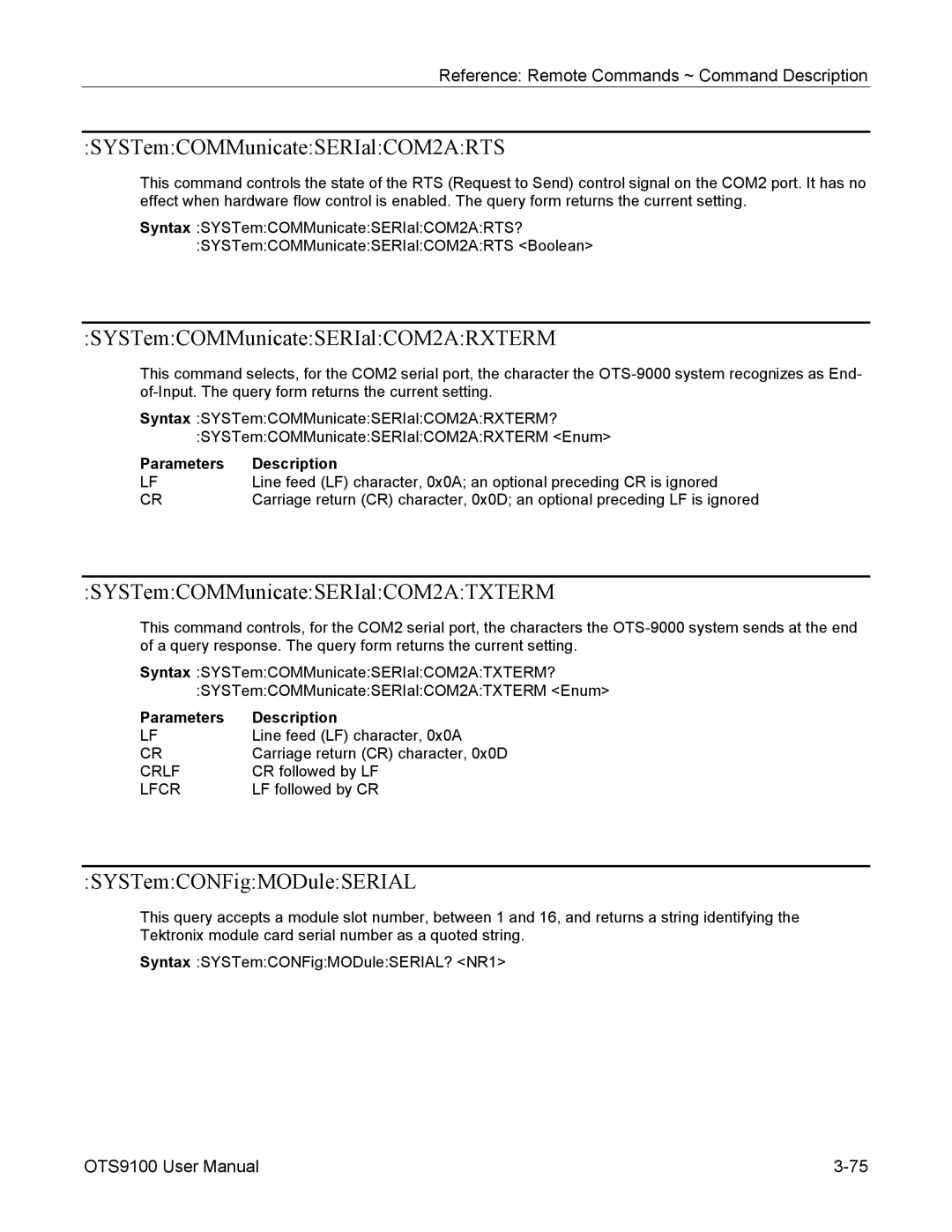 Tektronix 071-0855-05 SYSTemCOMMunicateSERIalCOM2ARTS, SYSTemCOMMunicateSERIalCOM2ARXTERM, SYSTemCONFigMODuleSERIAL 