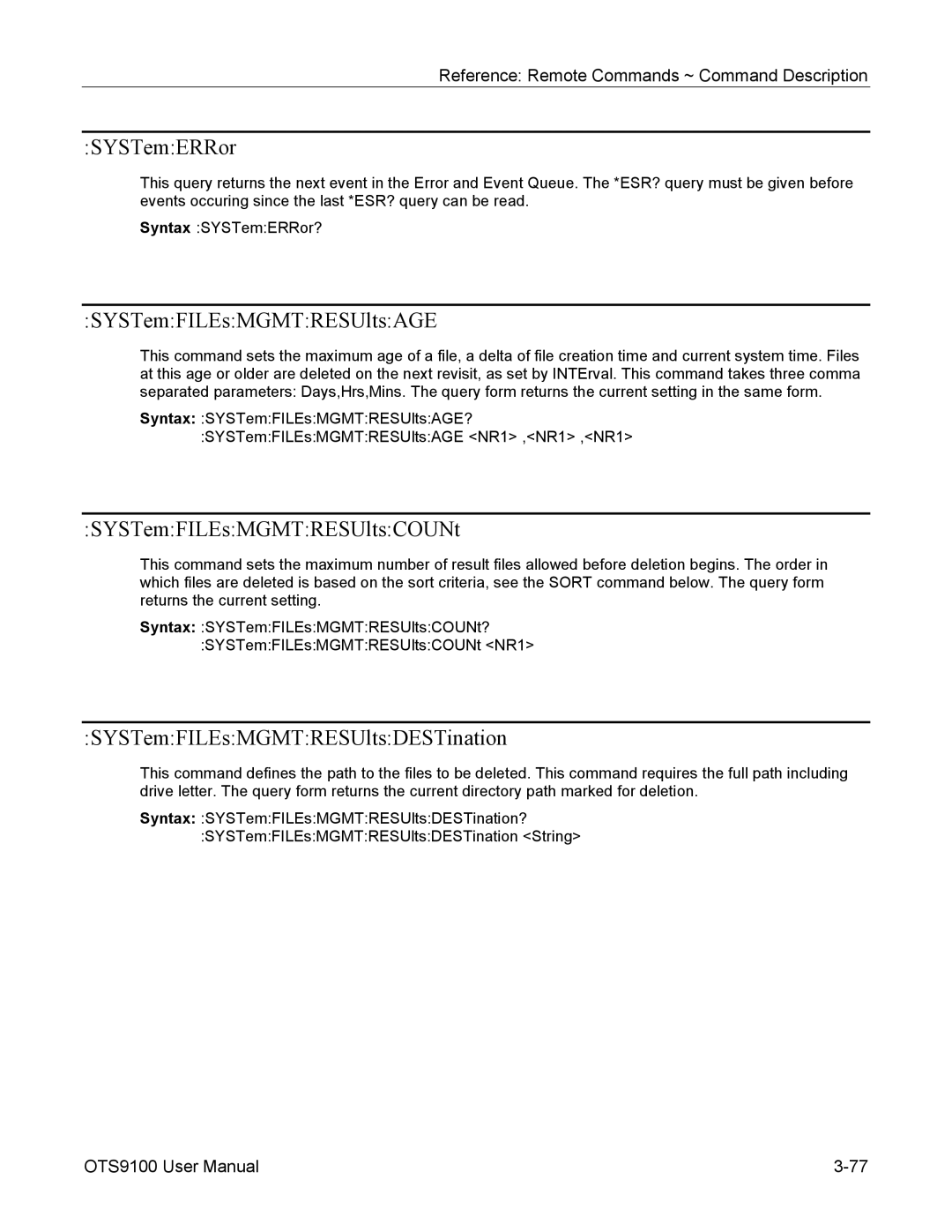 Tektronix 071-0855-05 user manual SYSTemERRor, SYSTemFILEsMGMTRESUltsAGE, SYSTemFILEsMGMTRESUltsCOUNt 