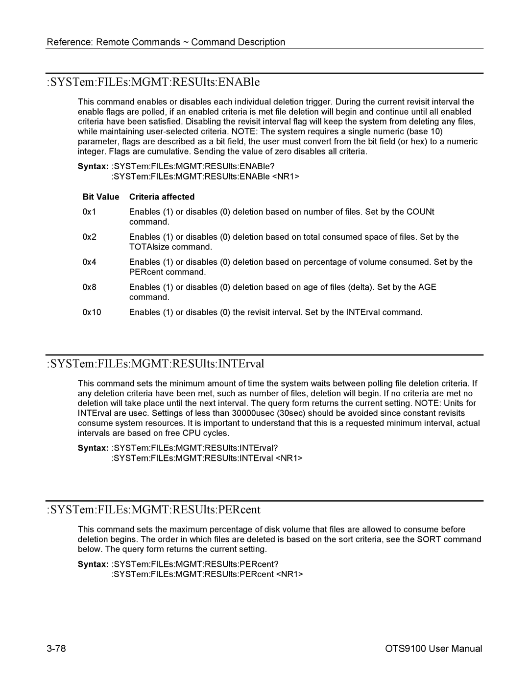 Tektronix 071-0855-05 SYSTemFILEsMGMTRESUltsENABle, SYSTemFILEsMGMTRESUltsINTErval, SYSTemFILEsMGMTRESUltsPERcent 