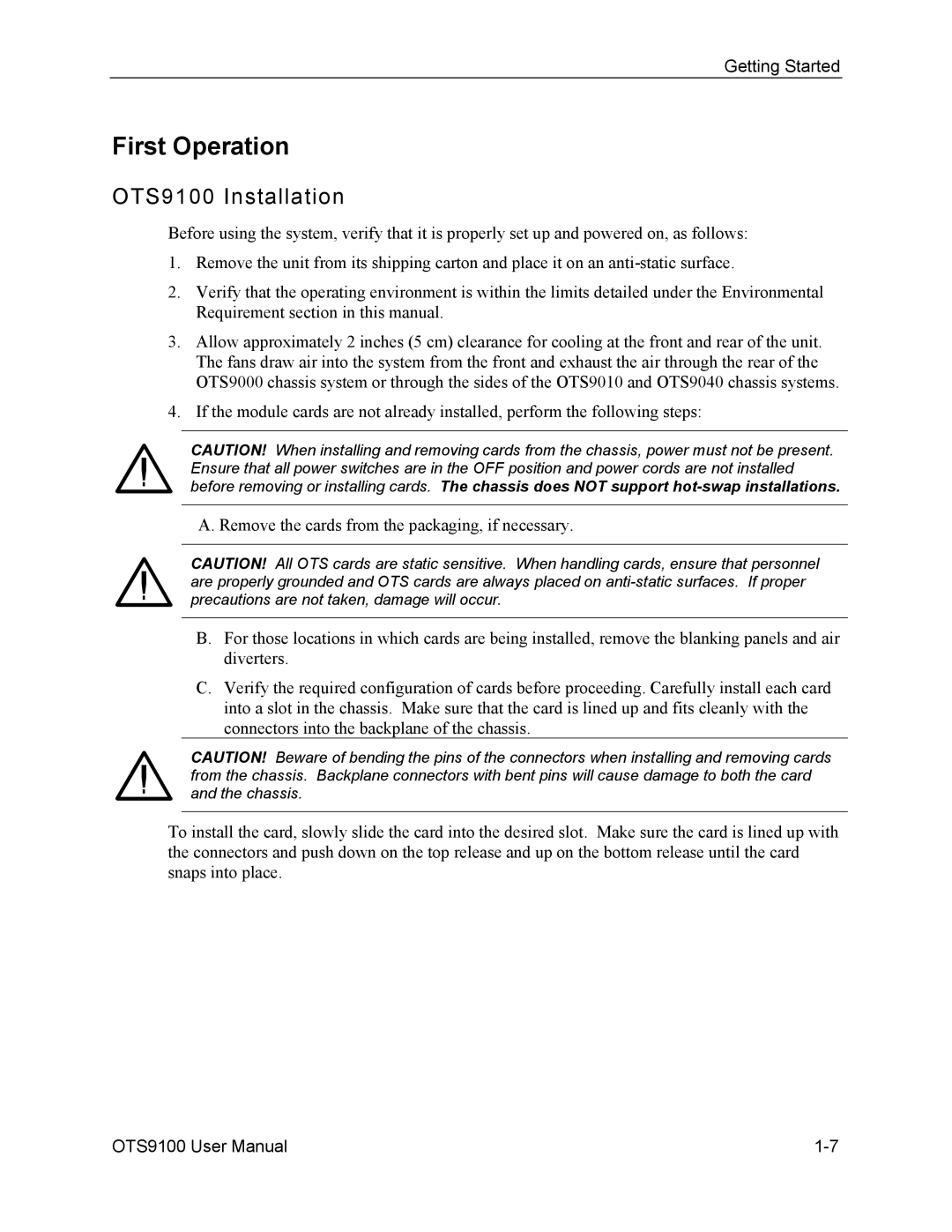 Tektronix 071-0855-05 user manual First Operation, OTS9100 Installation 