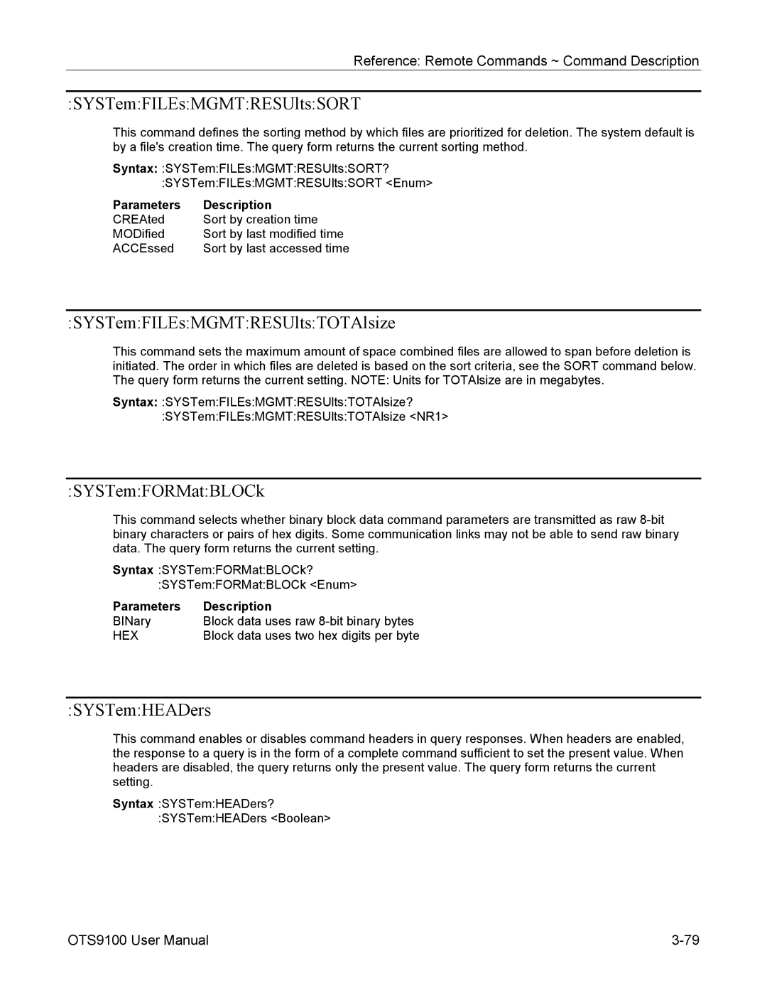 Tektronix 071-0855-05 SYSTemFILEsMGMTRESUltsSORT, SYSTemFILEsMGMTRESUltsTOTAlsize, SYSTemFORMatBLOCk, SYSTemHEADers 